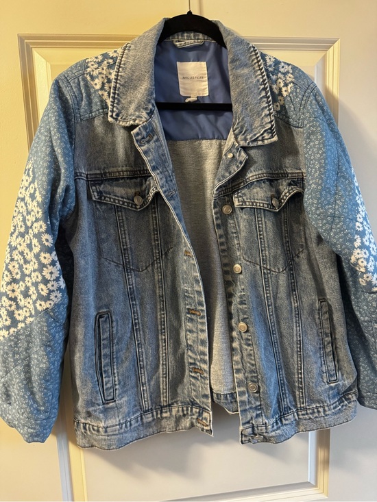 Avec Les Filles Jackets & Blazers - Avec Les Filles Light Blue Denim Jacket with Floral Sleeve Panels